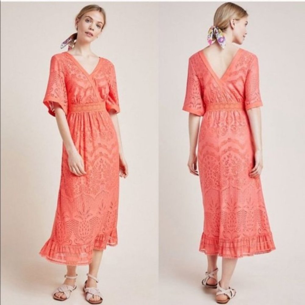 Anthropologie Farm Rio Devore Lace Pink and Orange Maxi Dress V-Neck Small - Picture 11 of 11